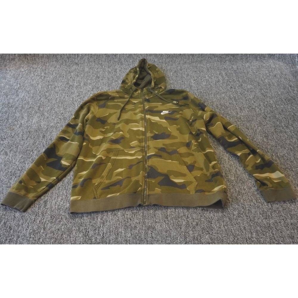 Nike Hoodie Mens 2XL Green Camouflage Cotton Long Sleeve Drawstring Full Zip
